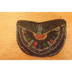 Beaded Sequin Black Coin Purse Seed Bead Coin Pouch Ornate